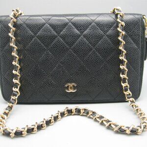 Vintage Chanel Black Caviar Leather Leather Long Bag Wallet